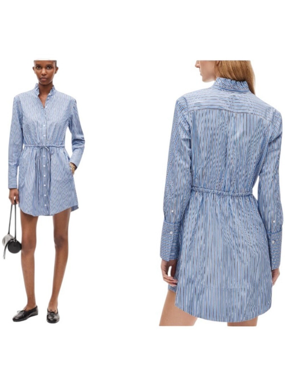 NWT J. Crew Petite Ruffle-collar mini shirt-dress Striped Greenwich poplin Blue